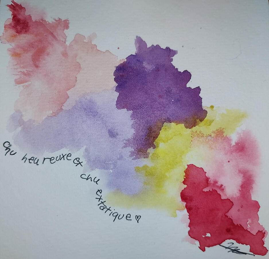 Chu heureuxe et chu extatique - colorful blobs float above text that reads Chu heureuxe et chu extatique